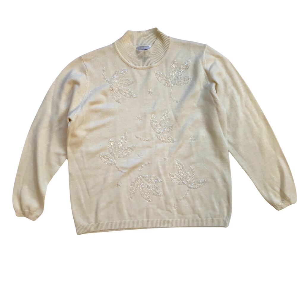 Cream Beaded Party Sweater 1980s Vintage Retro Alfred Dunner White Glitter Large